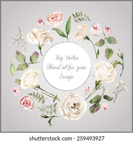 Vector set of different white, beige flowers for design. Watercolor roses, leaves. Set of floral elements to create compositions. 