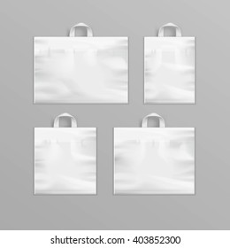 Vector Set of Different White Empty Reusable Plastic Shopping Bags with Handles for package design Close up Isolated on Background