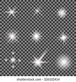 Vector Set of Different White Lights Isolated on Grey Checkered Background. Different Stars Collection. Star Lights