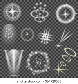 Vector Set of Different White Lights Isolated on Grey Checkered Background. Different Stars Collection. Star Lights