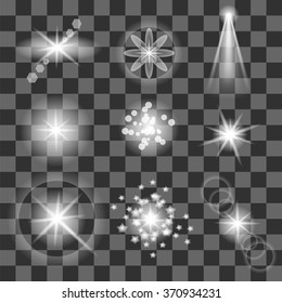 Vector Set of Different White Lights Isolated on Grey Checkered Background. Different Stars Collection. Star Lights