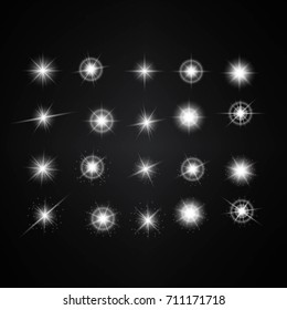 Vector Set of Different White Lights. Different Stars Collection. Star Lights