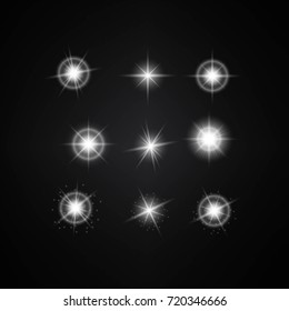 Vector Set of Different White Lights. Different Stars Collection. Star Lights