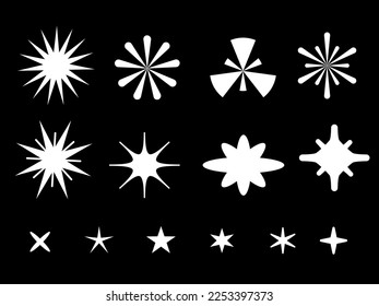Conjunto de vectores de diferentes formas blancas de fuegos artificiales y flash sobre fondo de color negro para web, sitio, banner, impresión