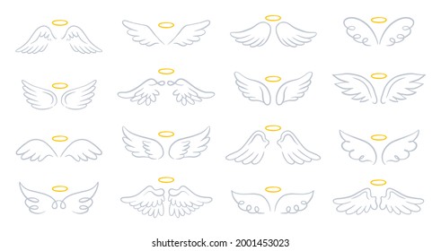 Vector set of different wings with a halo. Hand-drawn, doodle elements isolated on white background.