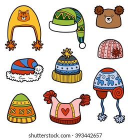 Vector set of different winter hats. Colorful set of knitted hats with animals and geometric patterns