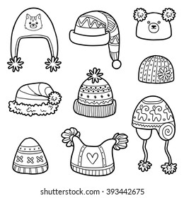 Vector set of different winter hats. Black and white set of knitted hats with animals and geometric patterns