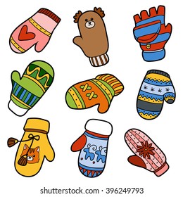 Vector set of different winter mittens. Colorful set of knitted mittens with animals and geometric patterns