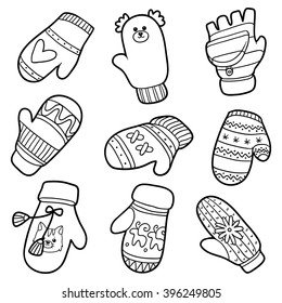 Vector set of different winter mittens. Black and white set of knitted mittens with animals and geometric patterns