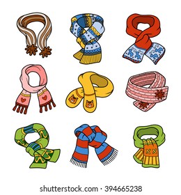 Vector set of different winter scarves. Colorful set of knitted scarves with animals and geometric patterns