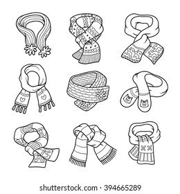 Vector set of different winter scarves. Black and white set of knitted scarves with animals and geometric patterns
