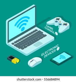 Vector set of  different wireless electronic devices. Illustration of laptop, player,cellphone and game console in flat isometric style