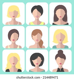 Vector set of different women app icons in flat style. Girls web avatars collection