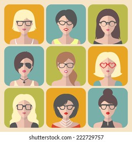 Vector set of different women app icons in glasses in flat style