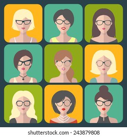 Vector set of different women app icons in glasses in flat style
