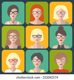 Vector set of different women app icons in glasses in flat style