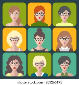 Vector set of different women app icons in glasses in flat style. Female faces or heads collection.