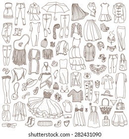 Vector Set Of Different Women Clothes And Accessories, From Underwear To Outerwear. Fashion Doodle Collection.