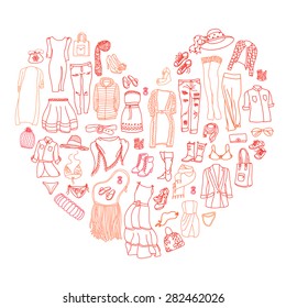 Vector set of different women clothes and accessories, from underwear to outerwear. Fashion doodle collection, shape of heart. Love to do shopping.