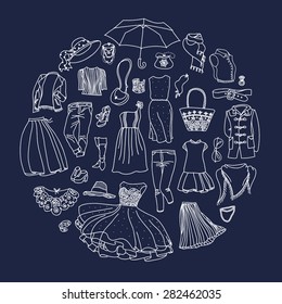 Vector set of different women clothes and accessories, from underwear to outerwear. Fashion doodle collection, grouped in circle.