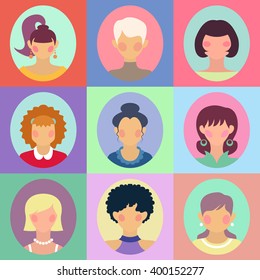 Vector set of different women faces avatars. App icons in flat style.