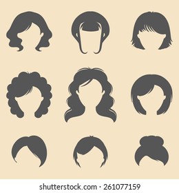 Vector set of different women fancy haircuts icons in trendy flat style. Female faces icons.