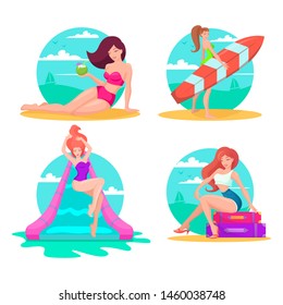 Vector set of different women on the vacation. Girls in swimsuits sunbathing on beach. Beautiful young women enjoying summer vacation on seashore. Vector illustration