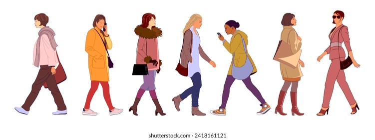 Conjunto de vectores de diferentes mujeres caminando en perfil. Personajes de dibujos animados femeninos. Usando ropa de moda informal en la calle. Ilustración vectorial. Aislado sobre fondo blanco.