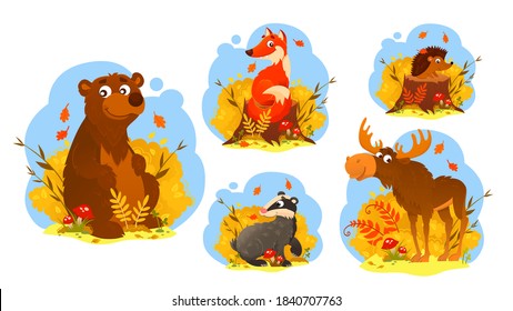 Vector set of different wood animals issolated on white backgrounde. Cute wild animals for children. 