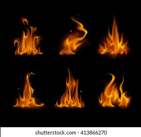 Vector Set of  Different Yellow Orange Fire Flame Bonfire Isolated on Background