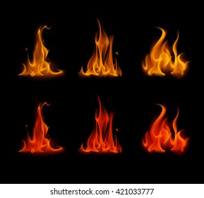 Vector Set of  Different Yellow Orange Red Scarlet Fire Flame Bonfire Isolated on Background