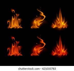 Vector Set of  Different Yellow Orange Red Scarlet Fire Flame Bonfire Isolated on Background