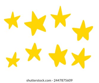 Vector conjunto de diferentes estrellas amarillas sobre un fondo blanco. Elementos de garabato dibujados a mano. Las estrellas se pintan a mano