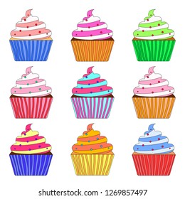 vector set of differently colored cupcakes