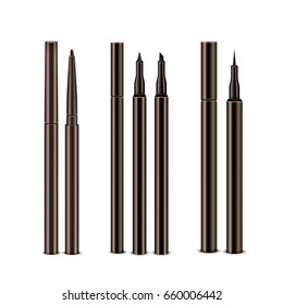 Vector Set of Diffrent Brown Cosmetic Makeup Eyeliner Pencils with without Caps Isolated on White Background