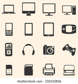 Vector Set of Digital Devices Icons. Laptop, Monitor, PC, Mobile, Smart Phone, Tablet, Game Consol, Audio Player, Headphones, Camera, Joystick, SIM-card, Memory Card, Printer, Scanner.