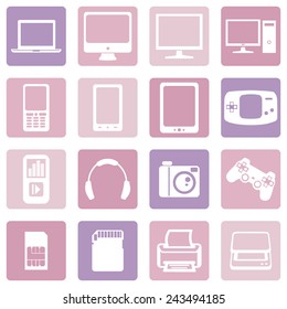 Vector Set of Digital Devices Icons. Laptop, Monitor, PC, Mobile, Smartphone, Tablet, Game Consol, Audio Player, Headphones, Camera, Joystick, SIM-card, Memory Card, Printer, Scanner.