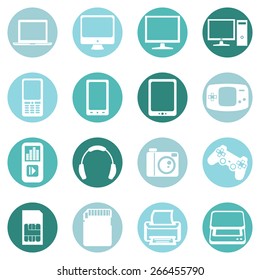 Vector Set of Digital Devices Icons. Laptop, Monitor, PC, Mobile, Smartphone, Tablet, Game Consol, Audio Player, Headphones, Camera, Joystick, SIM-card, Memory Card, Printer, Scanner.