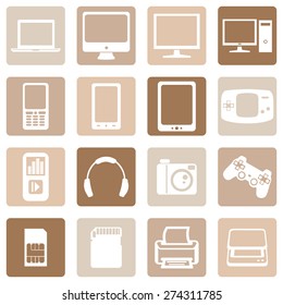 Vector Set of Digital Devices Icons. Laptop, Monitor, PC, Mobile, Smartphone, Tablet, Game Consol, Audio Player, Headphones, Camera, Joystick, SIM-card, Memory Card, Printer, Scanner.