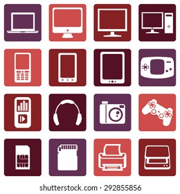Vector Set of Digital Devices Icons. Laptop, Monitor, PC, Mobile, Smartphone, Tablet, Game Consol, Audio Player, Headphones, Camera, Joystick, SIM-card, Memory Card, Printer, Scanner.