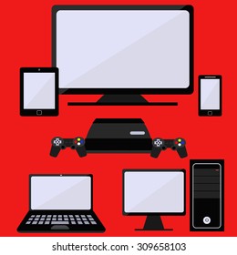 Vector Set of Digital Devices Icons. Laptop, Tablet, Mobile, PC, Gaming Console, Television