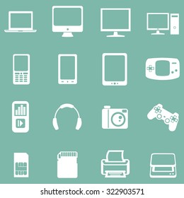 Vector Set of Digital Devices Icons. Laptop, Monitor, PC, Mobile, Smartphone, Tablet, Game Consol, Audio Player, Headphones, Camera, Joystick, SIM-card, Memory Card, Printer, Scanner.