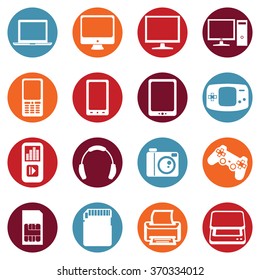 Vector Set of Digital Devices Icons. Laptop, Monitor, PC, Mobile, Smartphone, Tablet, Game Consol, Audio Player, Headphones, Camera, Joystick, SIM-card, Memory Card, Printer, Scanner.