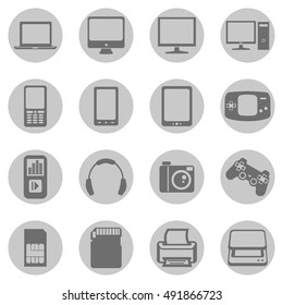 Vector Set of Digital Devices Icons. Laptop, Monitor, PC, Mobile, Smartphone, Tablet, Game Consol, Audio Player, Headphones, Camera, Joystick, SIM-card, Memory Card, Printer, Scanner.