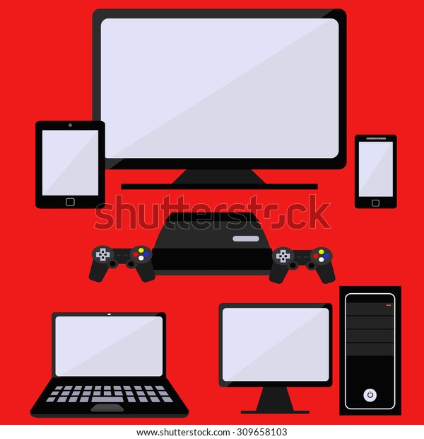 Vector Set of Digital Devices Icons.\
Laptop, Tablet, Mobile, PC, Gaming Console,\
Television