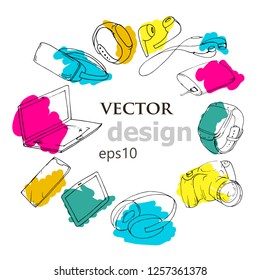 vector set of digital gadgets, frame, hand-drawn in outline style, copy space, vector design eps 10