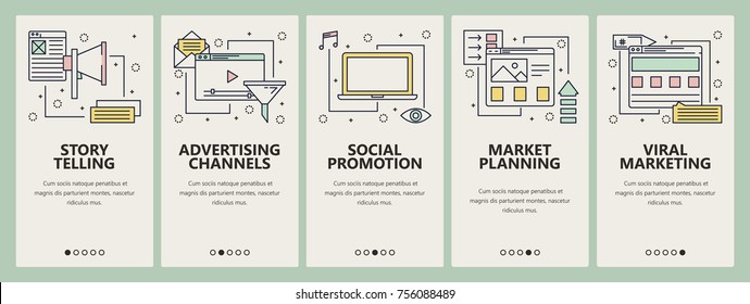 Vector Set Of Digital Marketing Concept Banners. Story Telling, Advertising Channels, Social Promotions, Market Planning, Viral Marketing Templates. Modern Thin Line Flat Symbols, Icons For Web, Print