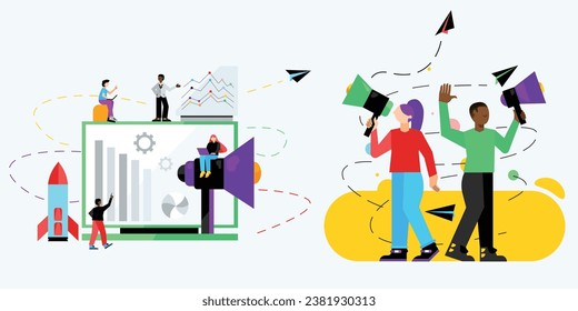Ilustraciones de mercadeo digital en conjunto de vectores. Gráficos que ilustran diversas estrategias de marketing en línea, campañas y éxito de comercio electrónico