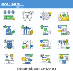 Vector set of digital money services, finance and bank icons in thin line style. Investment and onlne payments. Website UI and mobile web app icon