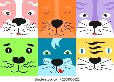 Vector set digital pattern cute animal faces.Colorful flat square design template for poster, banner, card, t shirt, label, packaging, wrapping paper, textile